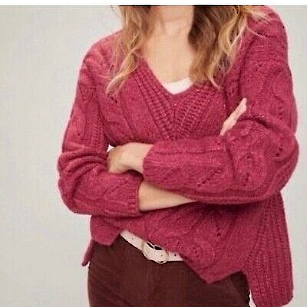 Anthropologie Ramona Chunky Cable Knit Sweater Raspberry Sz XS